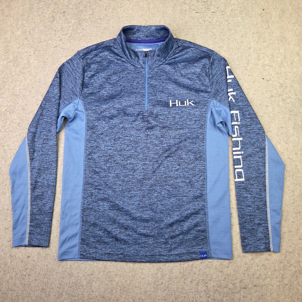 HUK Performance 1/4 Zip Pullover Men's Small Blue Colorblock Fishing Sweater